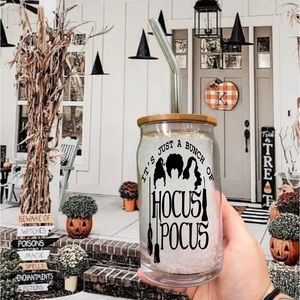 Hocus Pocus 16oz Glass Ice Coffee Tumbler Cup With Bamboo Lid And Glass Straw